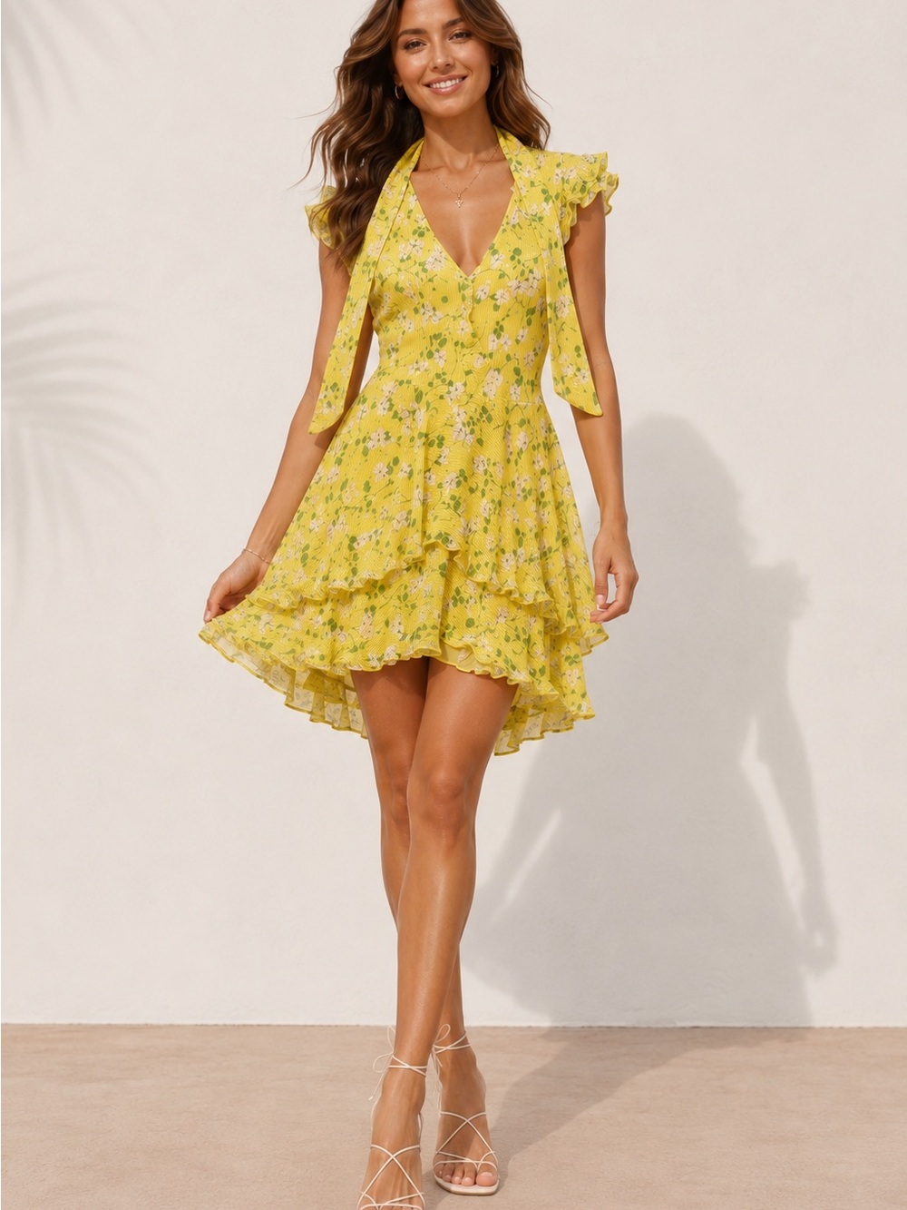 Alice + Olivia Bright Yellow Floral High-Low Tie-Shoulder Dress